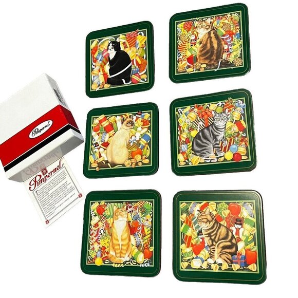 Pimpernel Christmas Cats Coasters 6 Assorted Cork Backed Square Holiday Boxed - Picture 1 of 8